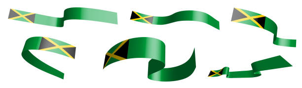 bildbanksillustrationer, clip art samt tecknat material och ikoner med uppsättning av semesterband. jamaicas flagga vinkar i vinden. separation i nedre och övre lager. designelement. vektor på vit bakgrund - welcome to jamaica