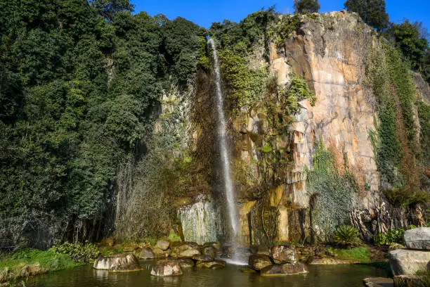 Photo of Jardin Extraordinaire, a garden in Nantes, France with a waterfall, rocks and lush vegetation.