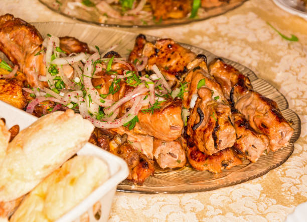 kebab, skewered meat, barbecue - opa! souvlaki of greece imagens e fotografias de stock