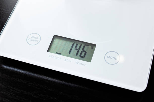 Indicator in grams on electronic scales closeup