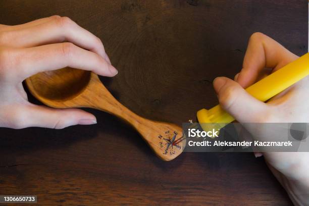 Closeup Of Female Hands Making A Wind Rose Sign On Wooden Spoon Stock Photo - Download Image Now