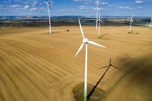 Aerial view of wind turbines and agriculture field