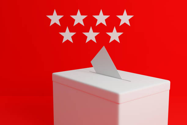 Madrid ballot box and envelope with the Madrid flag in the background. Prepared for Madrid elections stock photo