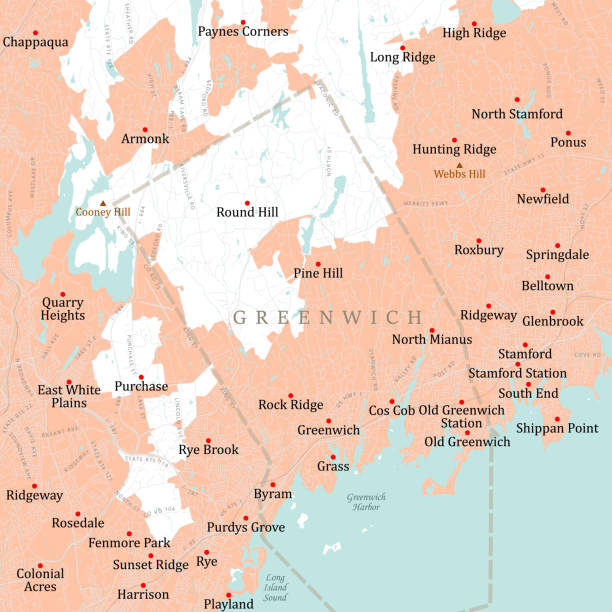 ilustraciones, imágenes clip art, dibujos animados e iconos de stock de ct fairfield greenwich vector road map - connecticut map