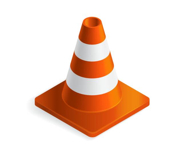 Vector illustration orange plastic traffic cone isolated on white background. Realistic orange road cone with stripes icon in flat cartoon style. Vector illustration orange plastic traffic cone isolated on white background. Realistic orange road cone with stripes icon in flat cartoon style. cone shape stock illustrations