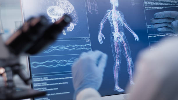 istock Female doctor working in laboratory. Studying human skeleton and DNA samples 1306664617