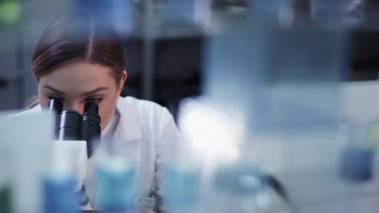 Science, worker and woman microscope study in a medical laboratory. Scientist working on bacteria research analytics for a dengue vaccine using forensic technology in a hospital or clinic lab