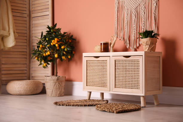 Wooden commode near coral wall in room. Interior design