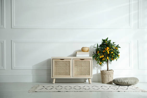 istock Wooden commode near white wall in room. Interior design 1306665957
