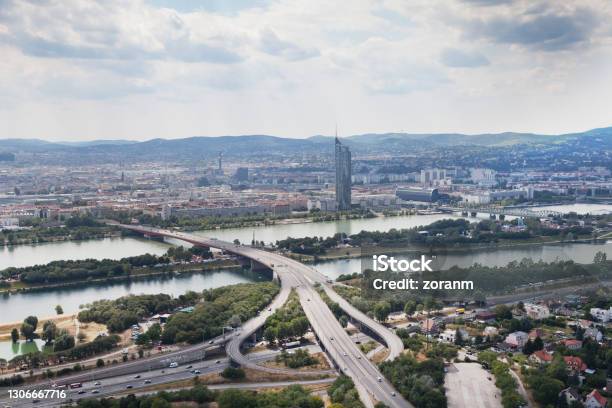 View On Vienna Cityscape And Highway Junction On Danube River Stock Photo - Download Image Now