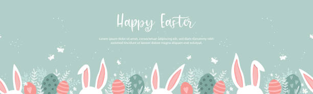 illustrations, cliparts, dessins animés et icônes de modèle mignon dessiné à la main de pâques, modèle mignon de doodle, grand pour des arrière-plans, bannières, fonds d’écran, invitations, dépliant - conception vectorielle - rabbit easter flower frame