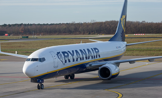 Eindhoven Airport, Eindhoven, North Brabant, Netherlands, december 30th 2015, arrival of Ryanair Boeing 737 [EI-EMM] airplane at Eindhoven Airport, Irish Ryanair airline was founded in 1984, with nearly 150 million passengers (2020) it is the largest low-cost carrier in the world - the Eindhoven Airport is the second largest airport in the Netherlands and is owned by the \
