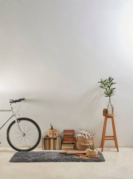 istock modern home living room white wall with wooden stool 1306669324