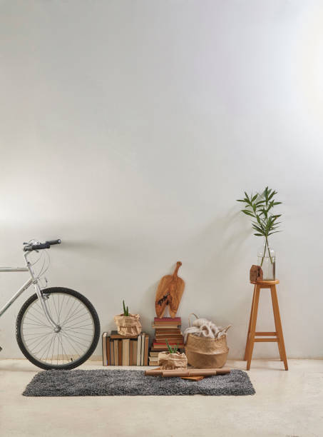 modern home living room white wall with wooden stool