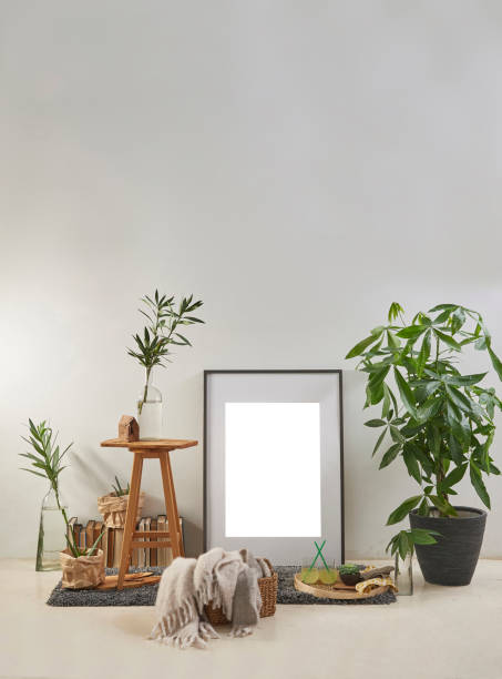 istock modern home living room white wall with wooden stool 1306670396