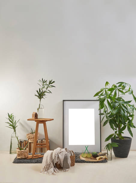 istock modern home living room white wall with wooden stool 1306670410