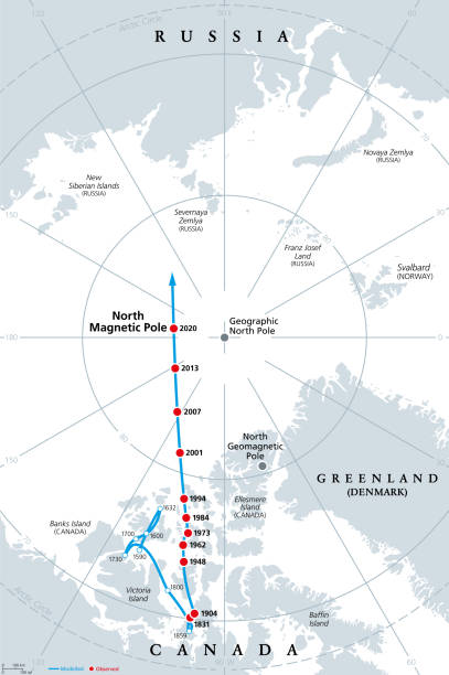 極地ドリフト、磁北極の移動、灰色の政治地図 - スヴァールバル島点のイラスト素材／クリップアート素材／マンガ素材／アイコン素材
