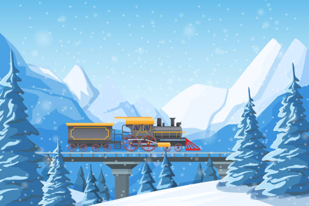 Retro train traveling by rail, on a bridge, among mountains, snow-covered hills, winter forest pines and hills. Winter fir trees in snow among snow-capped mountains landscape illustration vector