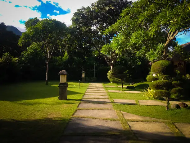 Beautiful View Of Courtyard Garden Path On A Sunny Morning In The Resort Area At Pemuteran Village, North Bali, Indonesia
