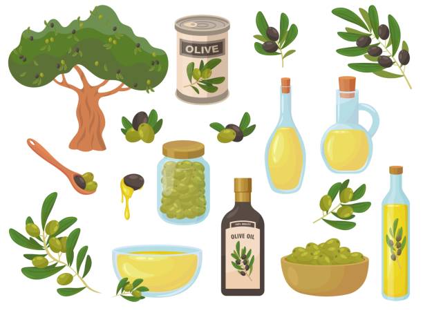 ilustraciones, imágenes clip art, dibujos animados e iconos de stock de coloridos símbolos de olivo colección plana para el diseño web - aceite de oliva