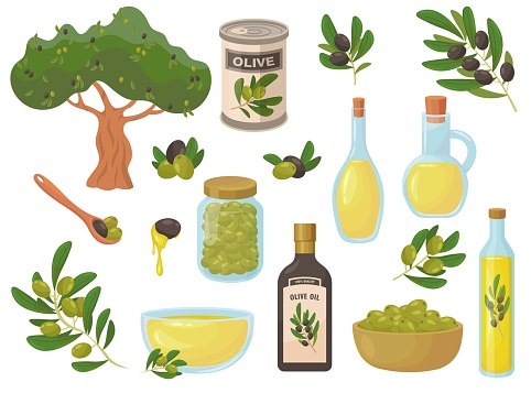 Colorful olive symbols flat collection for web design. Cartoon olive tree, oil and branches with olives isolated vector illustrations. Plants and nutrition concept