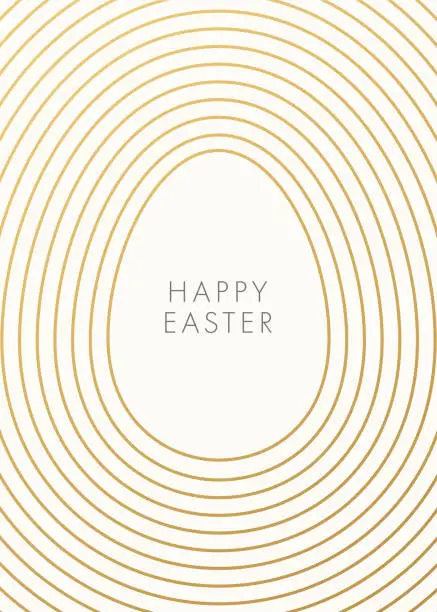 Vector illustration of Easter greeting card with golden outline egg on white background.