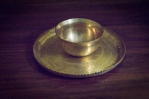 Bengali Brass Plate & Bowl used to serve traditional homemade Bengali Indian food & dessert.