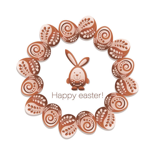 illustrazioni stock, clip art, cartoni animati e icone di tendenza di coniglietto pasquale al cioccolato. buona pasqua. cornice pasquale. progettare cartolina con coniglio in cerchio di uova - easter egg isolated remote frame