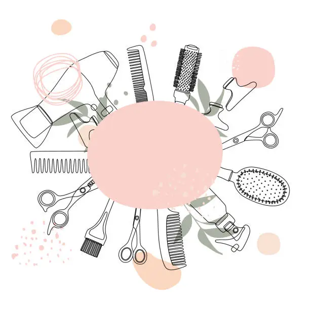Vector illustration of Hair salon logo, barber tools around a pink oval.