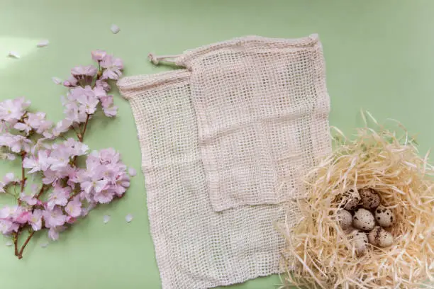 Cherry blossom branches, textile fruit bags, pink flowers, bird nest with quail eggs on light green textured background, spring holidays festive eco-friendly concept, flaylay, copy space for text