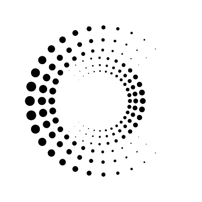 Vector editable graphics. Monochrome dots in the form of a circle. Round geometric logo, stencil, dotted frame, web banner, poster, cover, social media splash screen with place to place your text.