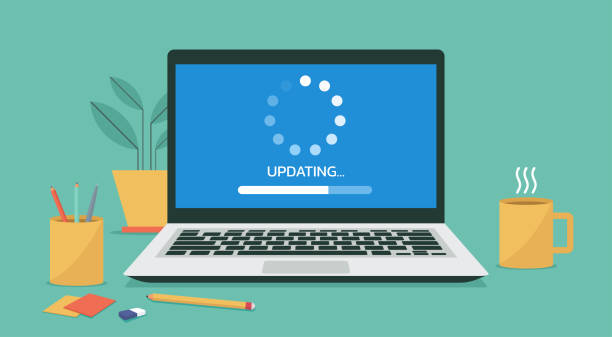 system software updating or loading process concept on laptop system software updating or loading process concept on laptop computer screen, vector illustration maintenance support stock illustrations