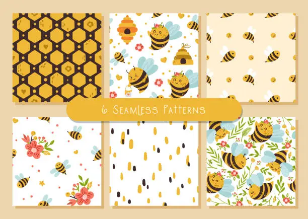 Vector illustration of Honey bee cartoon kids seamless pattern or digital paper bundle