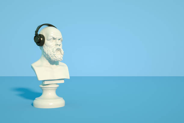 bust sculpture with headphones - classical greek audio imagens e fotografias de stock