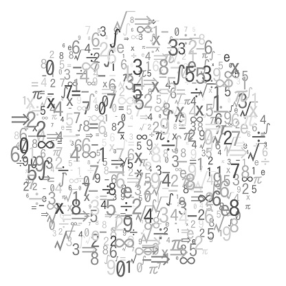 Random math symbols and digits in gray scale, circle shape