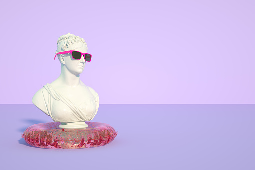 3d rendering of Bust Sculpture with Sunglasses Summer Holiday Background.