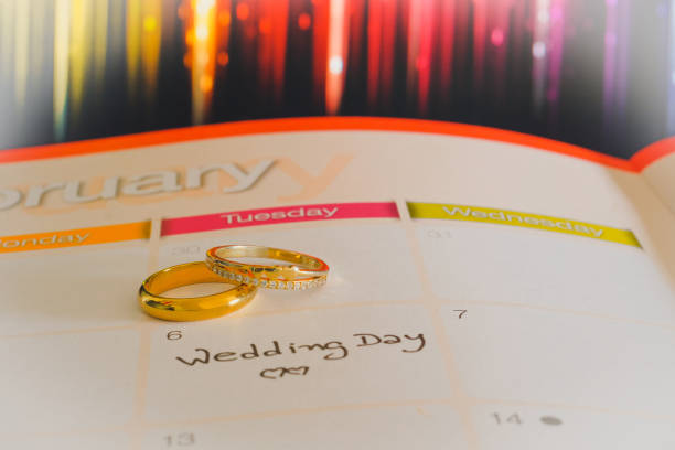 Duo Golden wedding ring on calendar background.