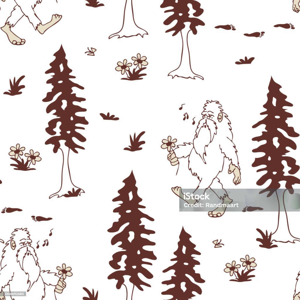 Large Big Foot Pattern Repeat Vector Pattern With Hand Drawn Bigfoot On White Background ...