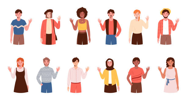 Large set of diverse people standing waving their hands People greeting concept. Large set of diverse multiracial people standing waving their hands isolated on white for design elements, colored vector illustration. Male, female caucasian, african people. waving stock illustrations