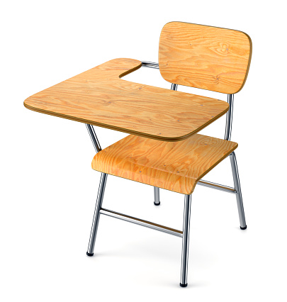 School desk with chair isolated on white background. 3D illustration