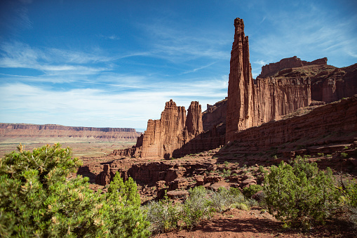 Hiking under the Fisher Towers, desert of Southwest USA