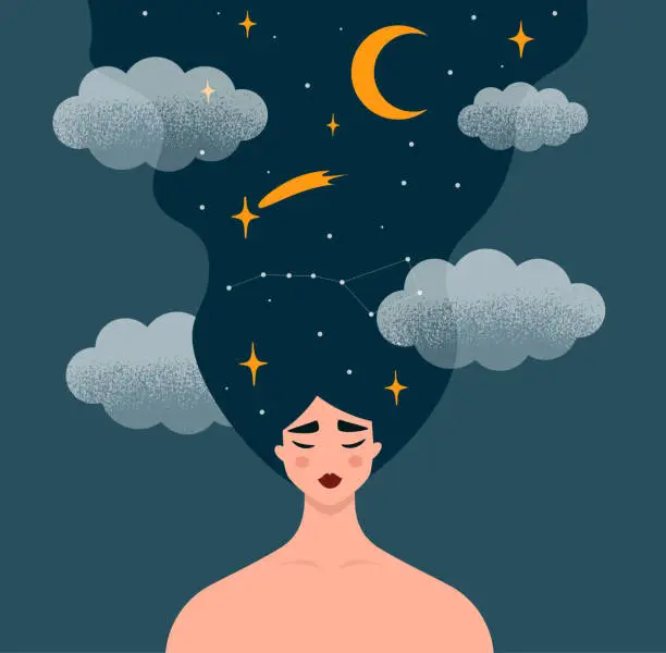 Vector illustration of Sweet dreams or fantasy concept. Beautiful young girl with long hair sleeping. Dark night sky, moon, stars and constellations.