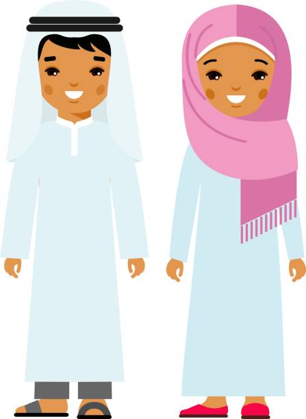 zestaw kreskówek różnych arabskich ludzi w płaskim stylu kolorowym. - global traditional culture global communications child stock illustrations