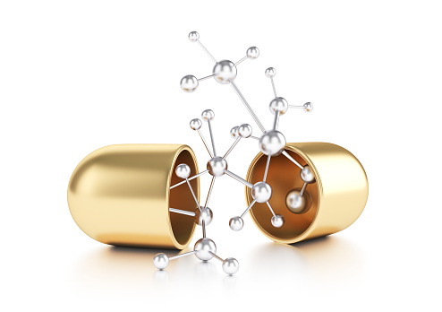 Open capsule or pill with molecular structure. Nanotechnology concept