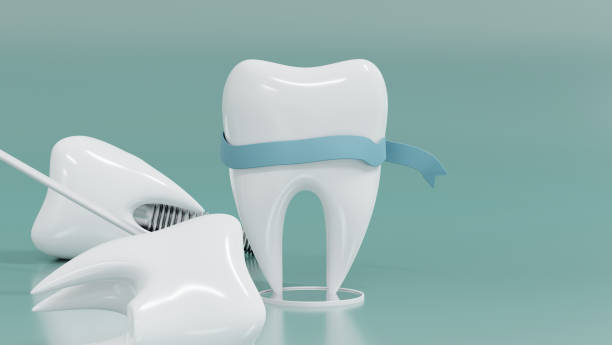 istock Dental Implants surgery concept, dentistry denture, Dental denture on green background. 3D render. 1306698749