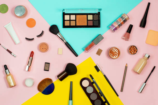 istock Set of decorative cosmetics on color background. 1306702500