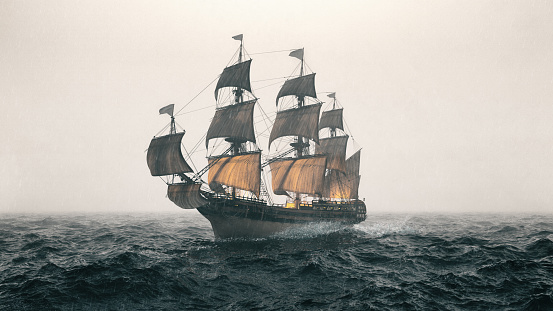 Buque de guerra navegando por el mar durante una tormenta photo