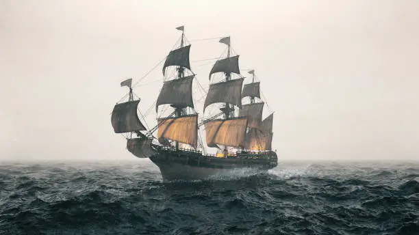 Old warship sailing the sea and struggling in a heavy storm.