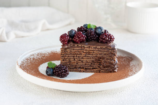 Piece of chocolate crepes cake