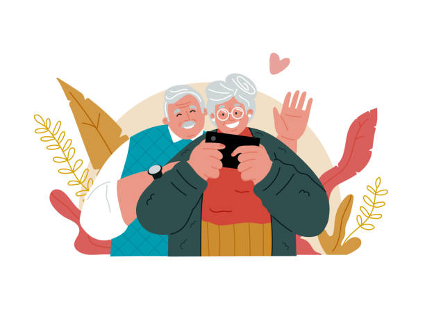 Grandmother is holding a mobile phone, Grandfather is waving his hand. Video calls through the phone. Grandmother is holding a cell phone, Grandfather is waving his hand. Joyful pensioners with mobile gadgets. Video calls through the phone. hand holding phone white background stock illustrations
